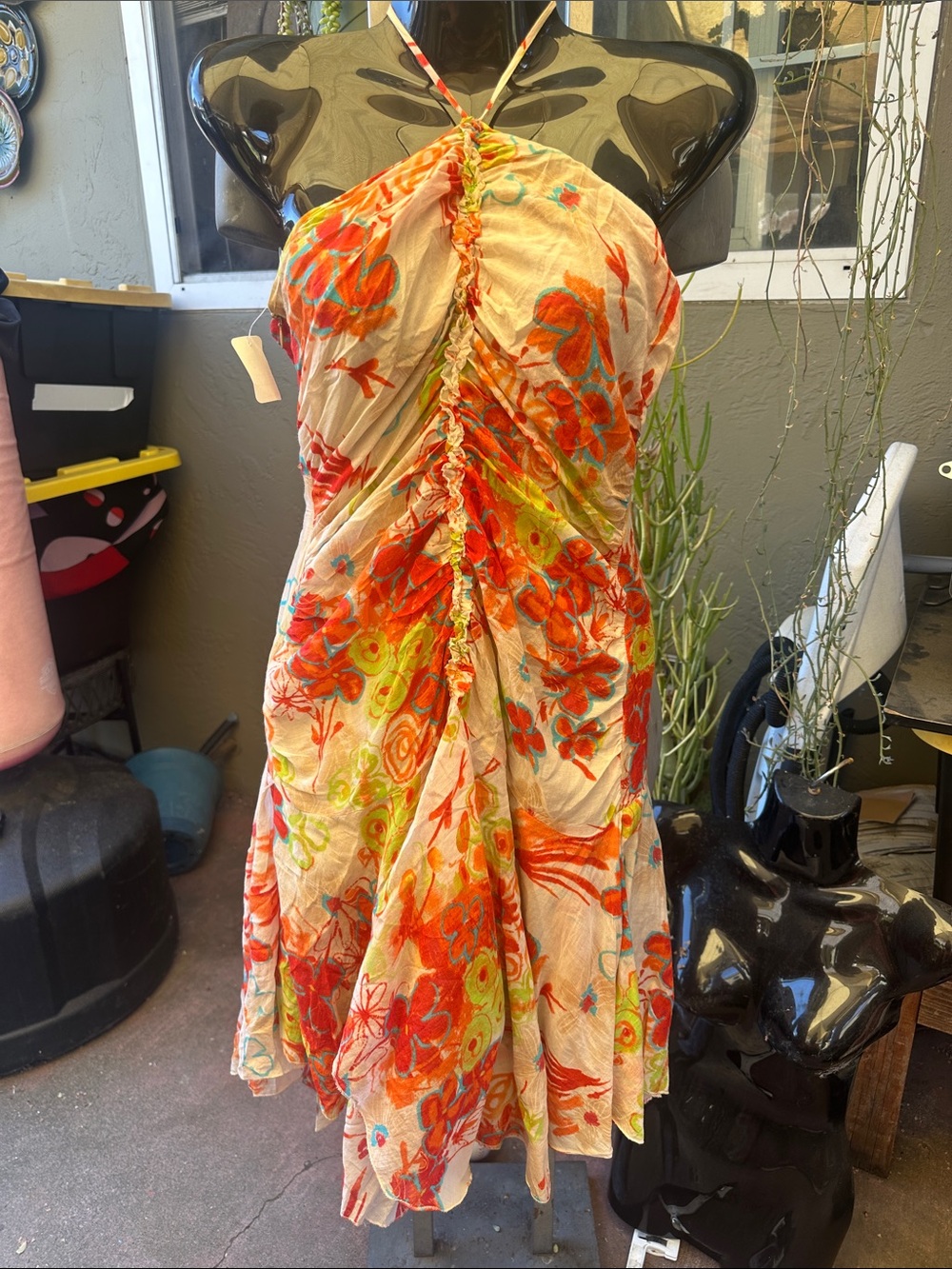 Free People Strapless Floral Ruched Dress in Orange and Cream